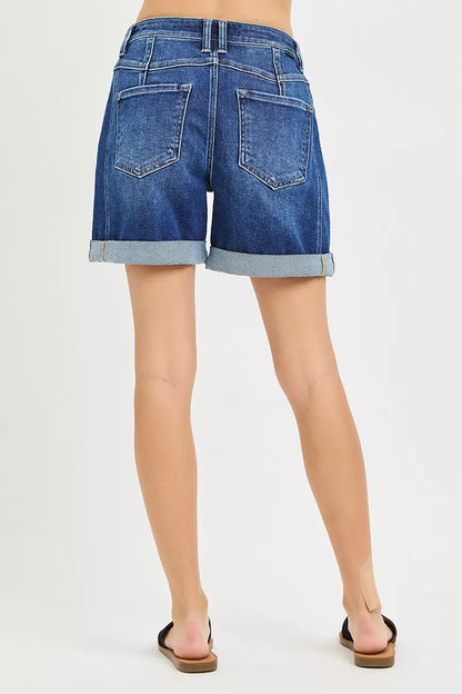 Dark gray RISEN high-rise seamed roll-up shorts by Trendsi, featuring a fitted waist and casual rolled hem detail.