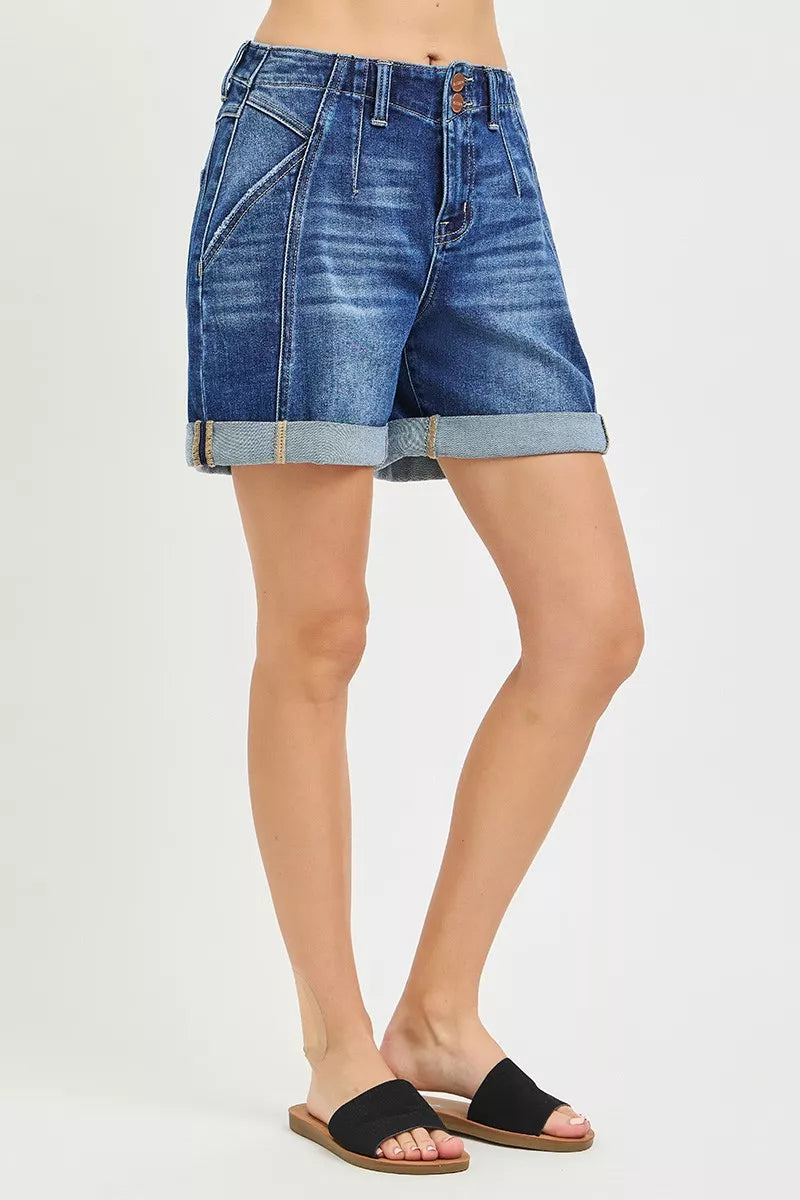 Dark charcoal RISEN high-rise seamed roll-up shorts by Trendsi, featuring a stylish fit and rolled-up hem detail.