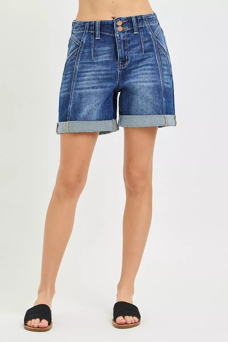 Dark gray RISEN high-rise seamed roll-up shorts from Trendsi, featuring a fitted waistband and rolled-up hem detail.