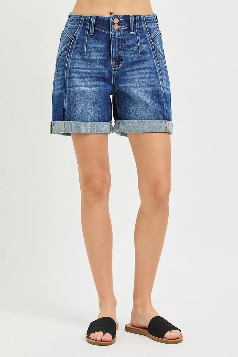 Dark gray RISEN high-rise seamed roll-up shorts from Trendsi, featuring a fitted waistband and rolled-up hem detail.