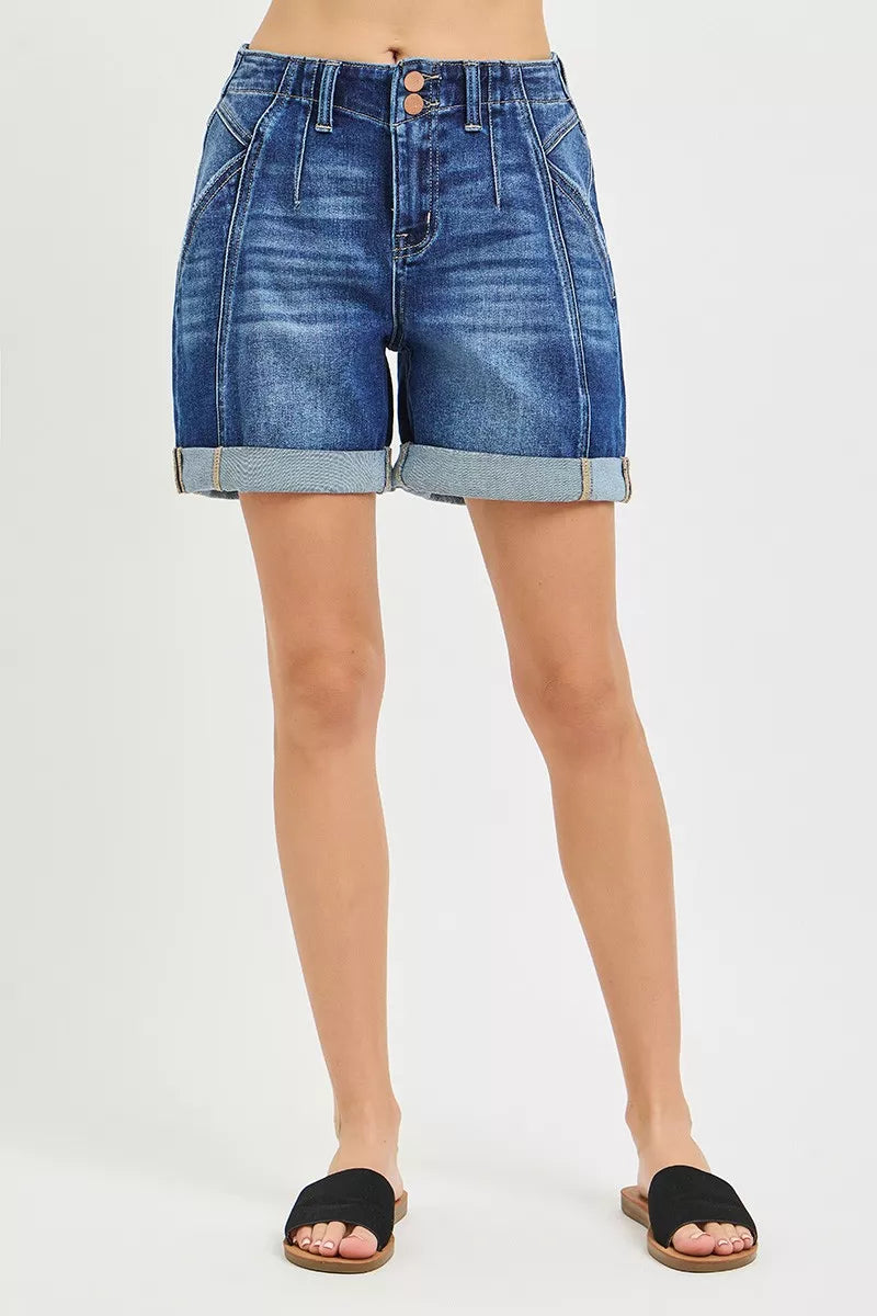 Dark grey RISEN high-rise seamed roll-up shorts by Trendsi, with front seaming and rolled cuffs, styled for casual wear.