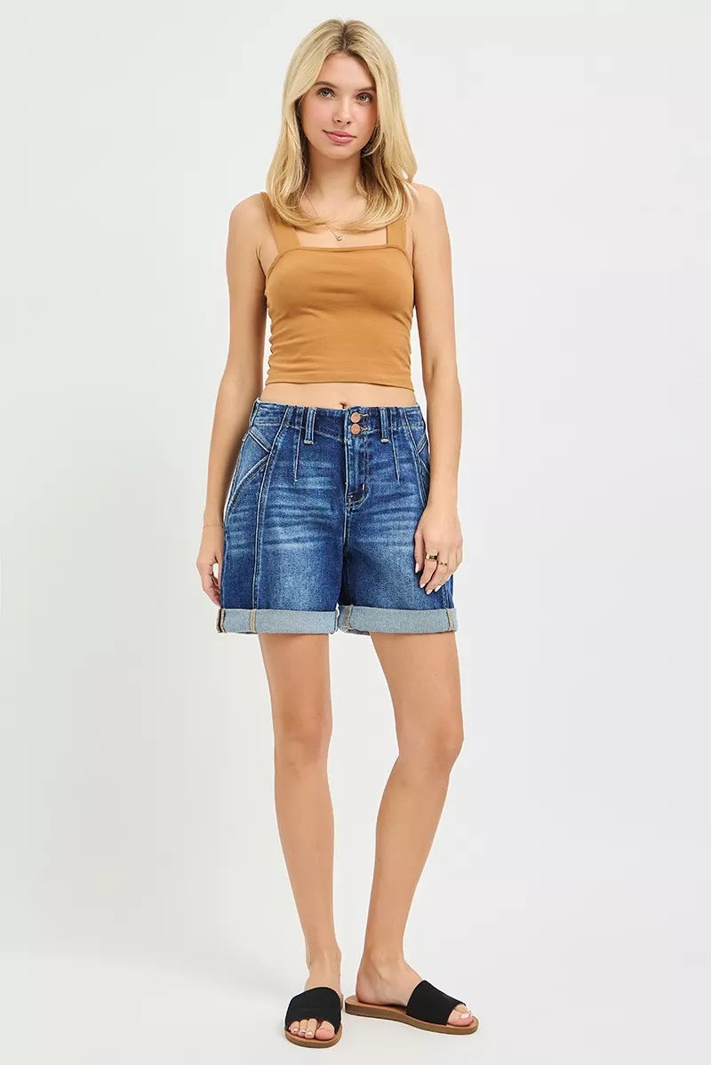 Dark brown high-rise seamed roll-up shorts from RISEN by Trendsi, featuring a fitted waist and rolled cuffs.