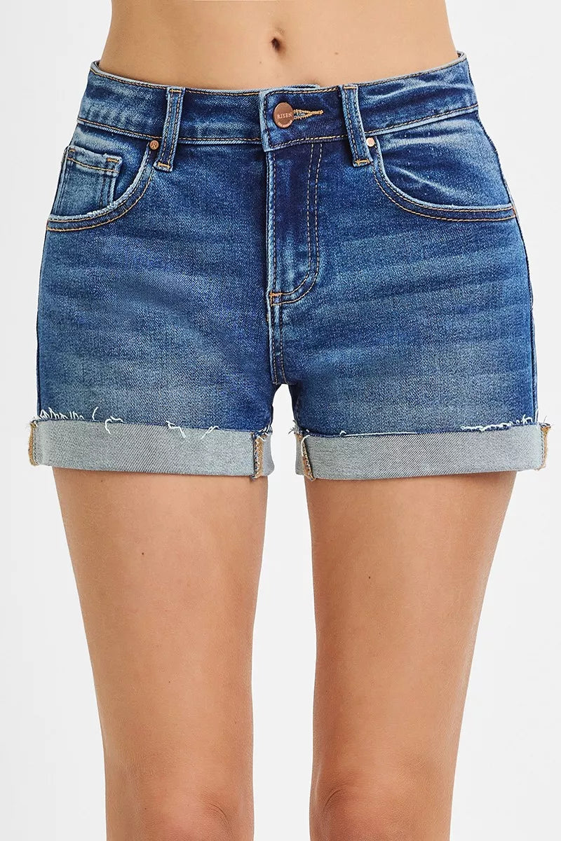 Dark gray RISEN low-rise cuffed shorts from Trendsi, featuring a relaxed fit and rolled cuffs for casual style.