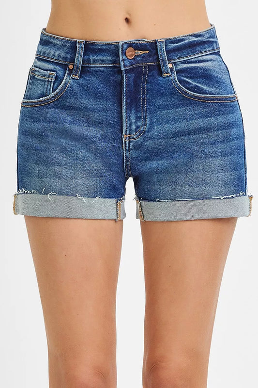 Dark gray RISEN low-rise cuffed shorts from Trendsi, featuring a relaxed fit and rolled cuffs for casual style.