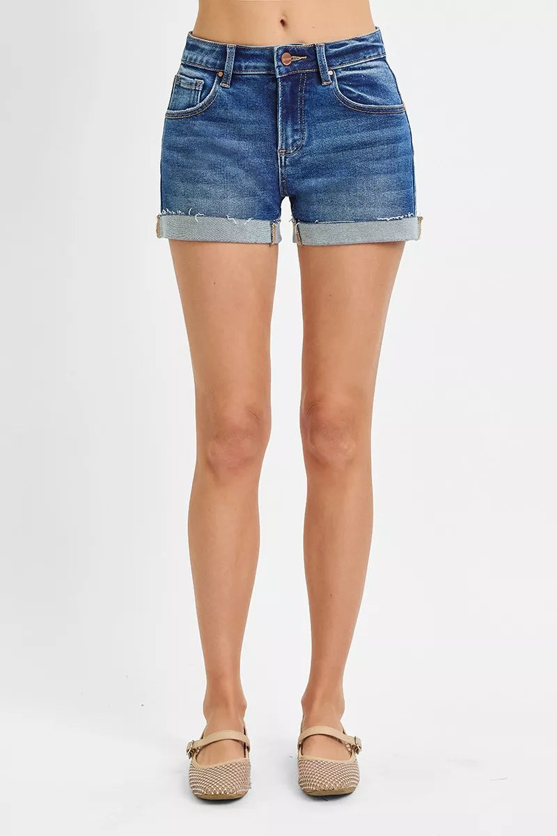 Dark gray RISEN low-rise cuffed shorts from Trendsi, displayed flat with rolled cuffs and front pockets.