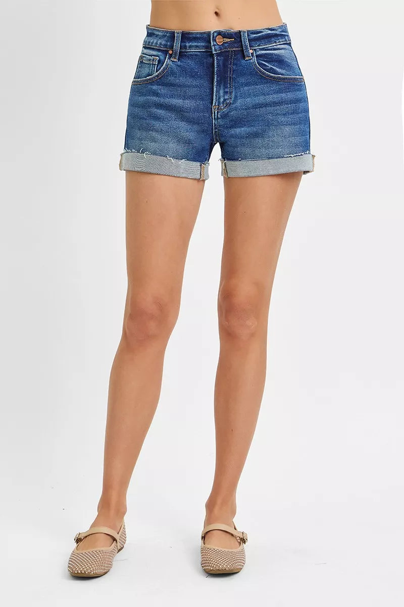 Dark gray RISEN low rise cuffed shorts from Trendsi, featuring a relaxed fit and rolled cuffs, perfect for casual summer wear.