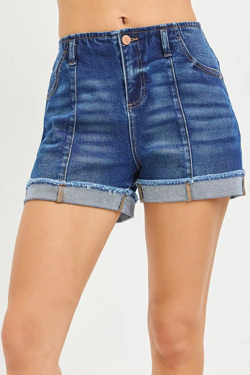 Dark slouchy cuffed denim shorts from RISEN by Trendsi, featuring a relaxed fit and distressed details.