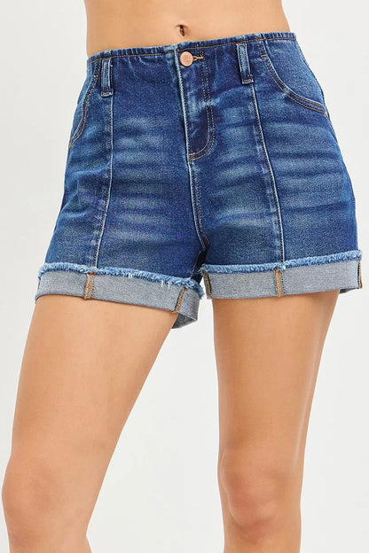 Dark slouchy cuffed denim shorts from RISEN by Trendsi, featuring a relaxed fit and distressed details.