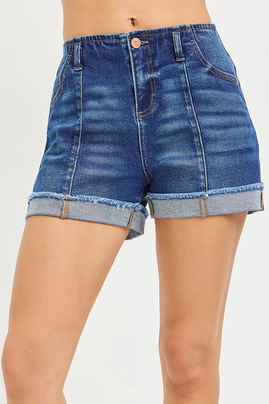 Dark slouchy cuffed denim shorts from RISEN by Trendsi, featuring a relaxed fit and distressed details.
