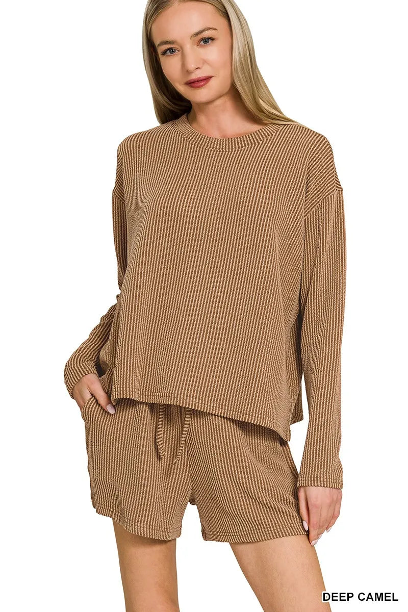 Deep camel Zenana corded rib long sleeve tee and shorts set, casual loungewear with ribbed fabric and relaxed fit.
