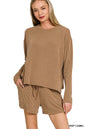 Deep camel Zenana corded rib long sleeve tee and shorts set, casual loungewear with ribbed fabric and relaxed fit.