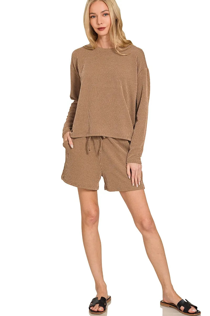 Deep camel Zenana corded rib long sleeve tee and shorts set, featuring a fitted top and matching shorts for casual comfort.