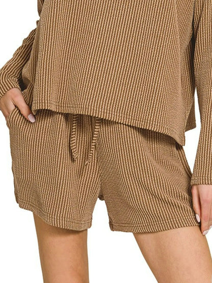 Deep camel Zenana corded rib long sleeve tee and shorts set, casual loungewear with comfortable fit and stylish design.