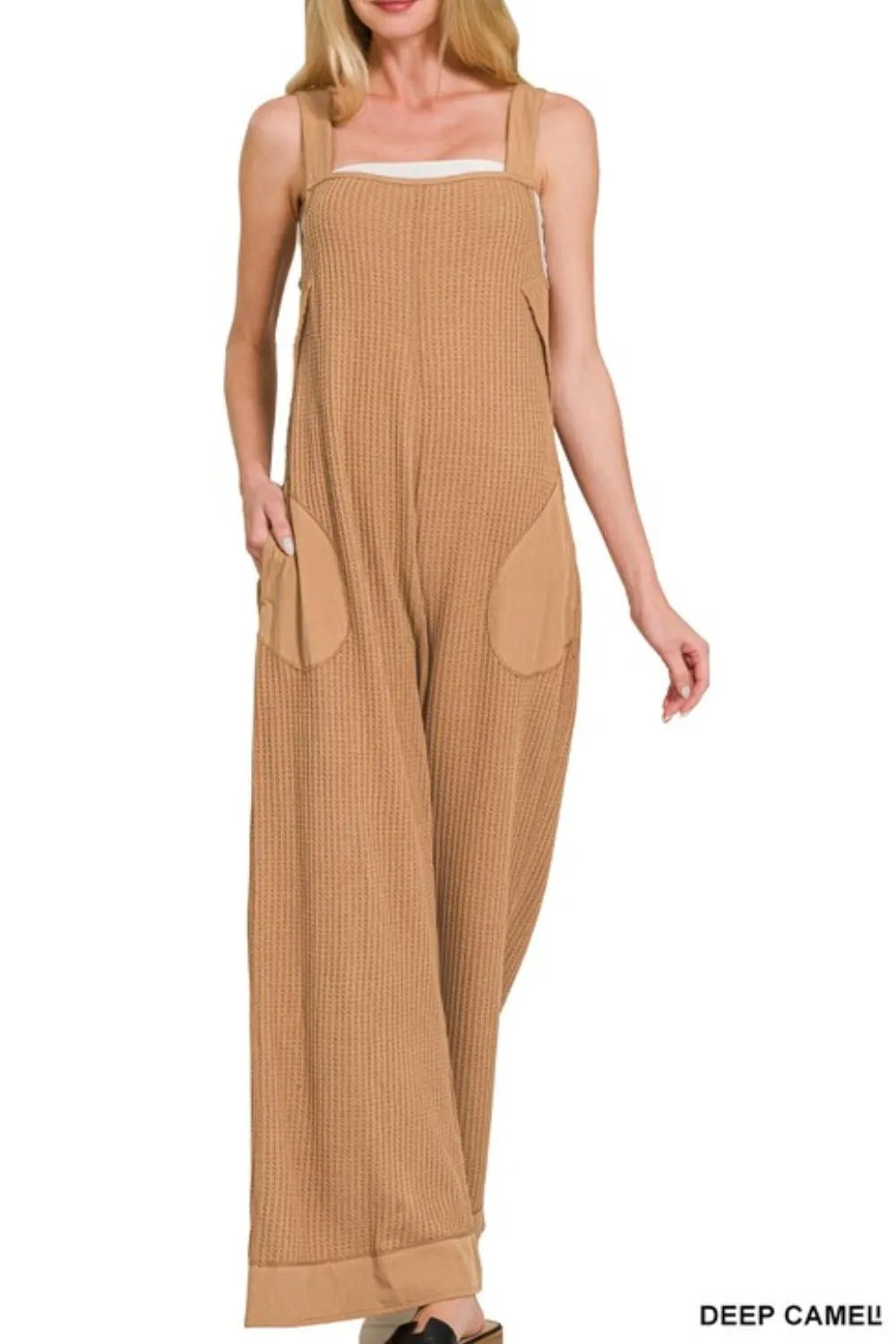 Deep camel Zenana Knit Waffle Wide Leg Overalls with adjustable straps and relaxed fit, styled with pockets and a casual look