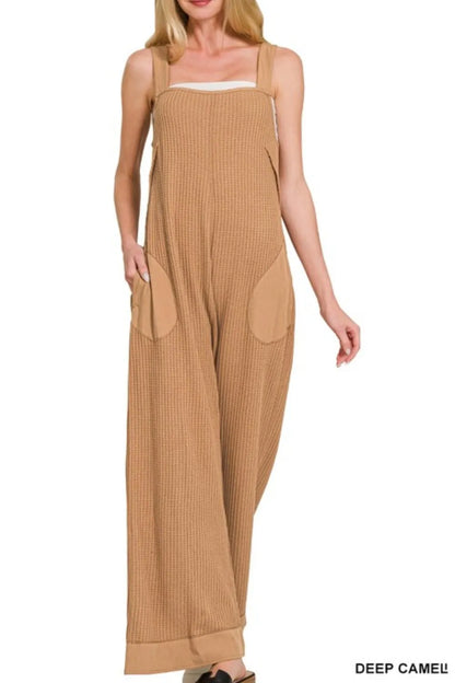 Deep camel Zenana Knit Waffle Wide Leg Overalls with adjustable straps and relaxed fit, styled with pockets and a casual look