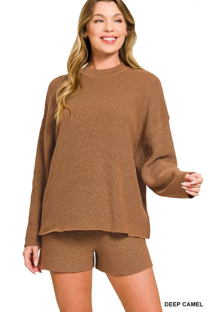Deep camel Zenana knit top and shorts sweater set featuring a round neck and cozy fabric, styled for casual wear.