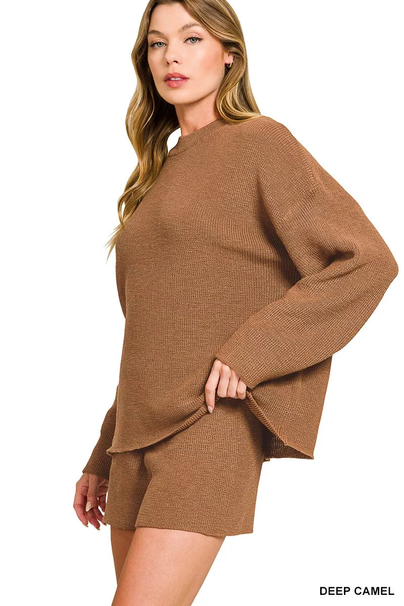 Deep camel Zenana knit top and shorts sweater set featuring a round neck, cozy knit fabric, and casual fit.
