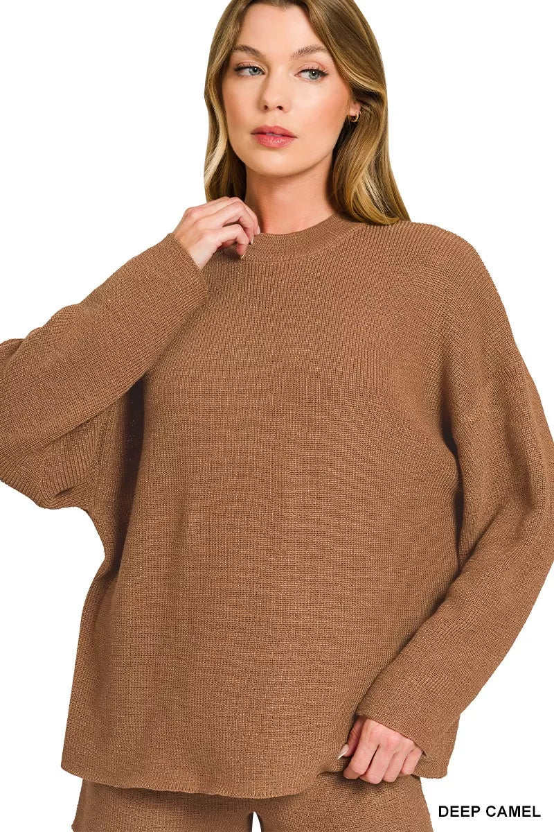 Deep camel Zenana knit top and shorts sweater set featuring a round neck, perfect for casual or cozy outfits.
