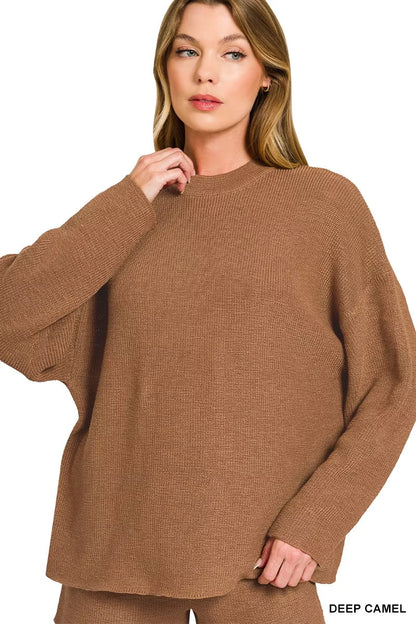 Deep camel Zenana knit top and shorts sweater set featuring a round neck, perfect for casual or cozy outfits.