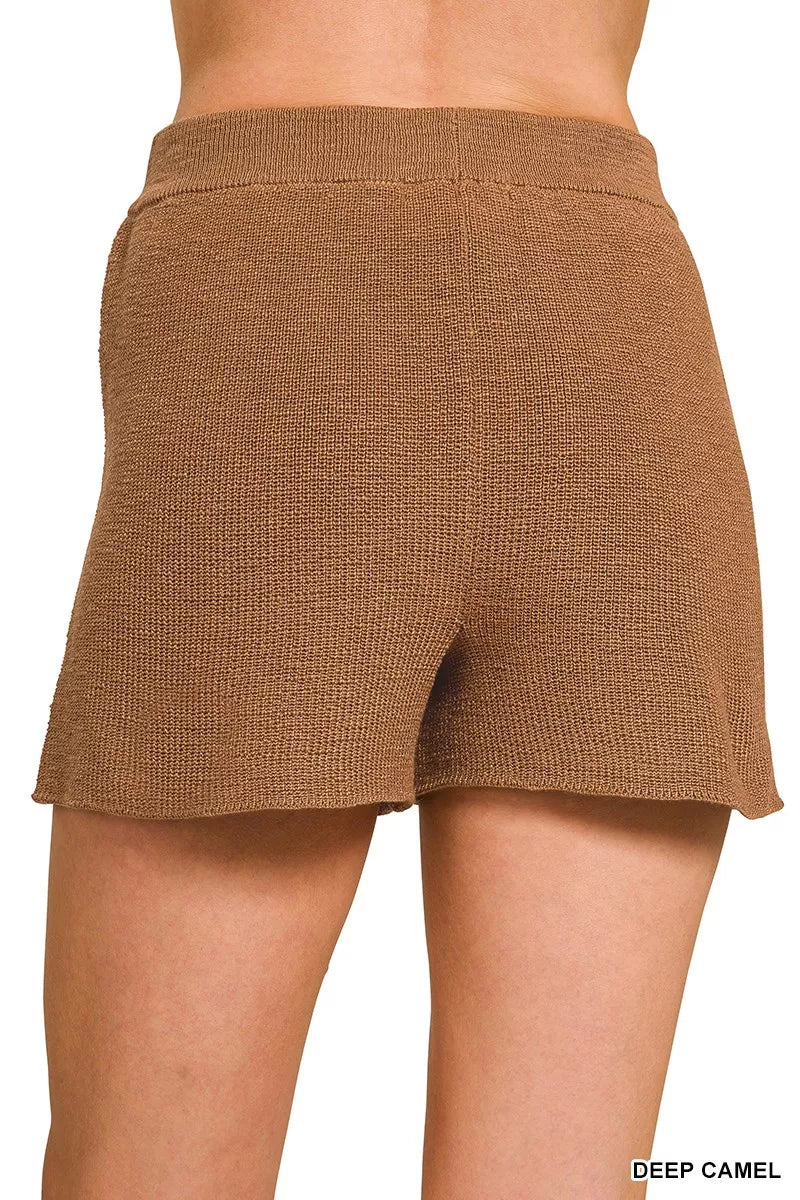 Deep camel Zenana knit top and shorts sweater set with round neck, casual and comfortable fashion by Trendsi.