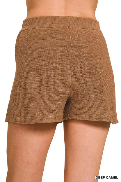 Deep camel Zenana knit top and shorts sweater set with round neck, casual and comfortable fashion by Trendsi.