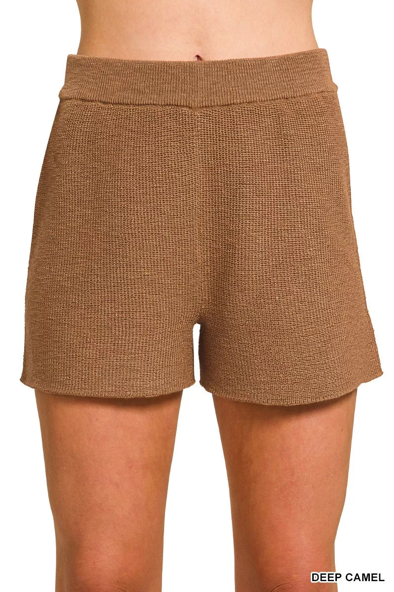 Deep camel Zenana knit top and shorts sweater set with round neck, cozy fabric, and casual fit.