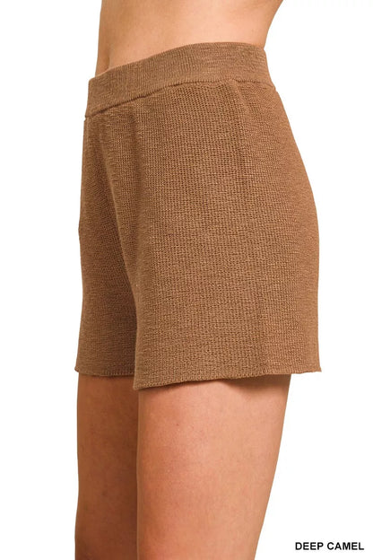 Deep camel Zenana knit top and shorts sweater set with round neck, casual and comfortable for everyday wear.