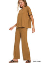 Deep camel Zenana Slub short sleeve T-shirt and pants set from Trendsi, casual loungewear with relaxed fit and comfortable fabric.