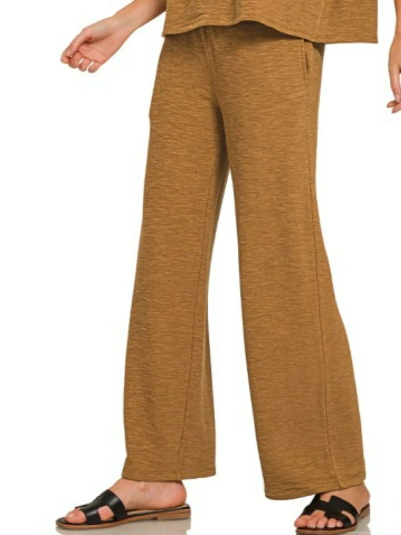Deep camel Zenana Slub short sleeve T-shirt and pants set from Trendsi, casual loungewear with soft fabric and relaxed fit.