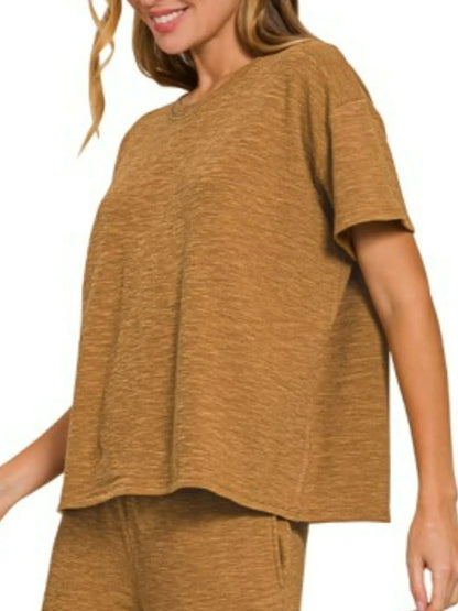 Deep camel Zenana Slub short sleeve T-shirt and pants set by Trendsi, casual loungewear with soft fabric and relaxed fit.