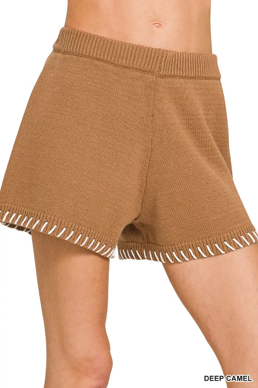 Deep camel Zenana stitch-detailed sweater shorts with textured knit, featuring a relaxed fit and cozy design for casual wear.