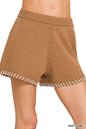 Deep camel Zenana stitch-detailed sweater shorts with textured knit, featuring a relaxed fit and cozy design for casual wear.