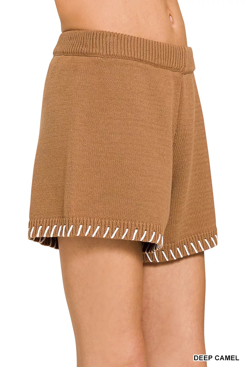 Deep camel Zenana Stitch Detailed Sweater Shorts by Trendsi, featuring textured knit fabric and a cozy, casual fit.