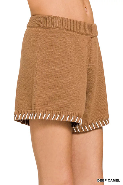 Deep camel Zenana Stitch Detailed Sweater Shorts by Trendsi, featuring textured knit fabric and a cozy, casual fit.