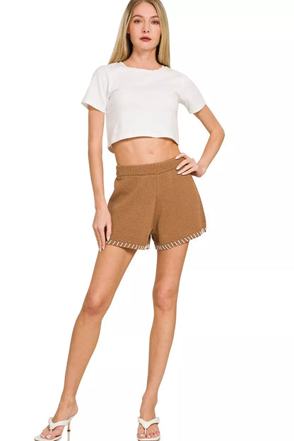 Deep camel Zenana Stitch Detailed Sweater Shorts by Trendsi featuring textured stitch design and cozy knit fabric.