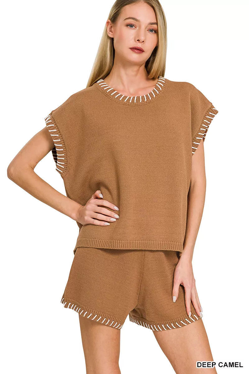 Deep camel Zenana Stitch Detailed Sweater Shorts with textured stitch design, casual fit, and comfortable knit fabric.