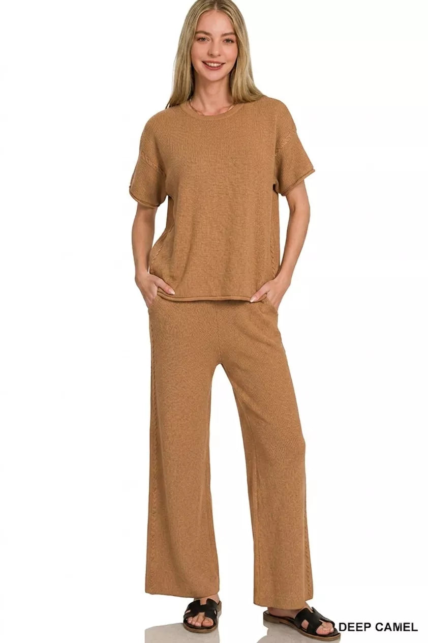 Deep camel Zenana viscose round neck top and pants set, featuring a stylish, comfortable matching outfit with a relaxed fit.