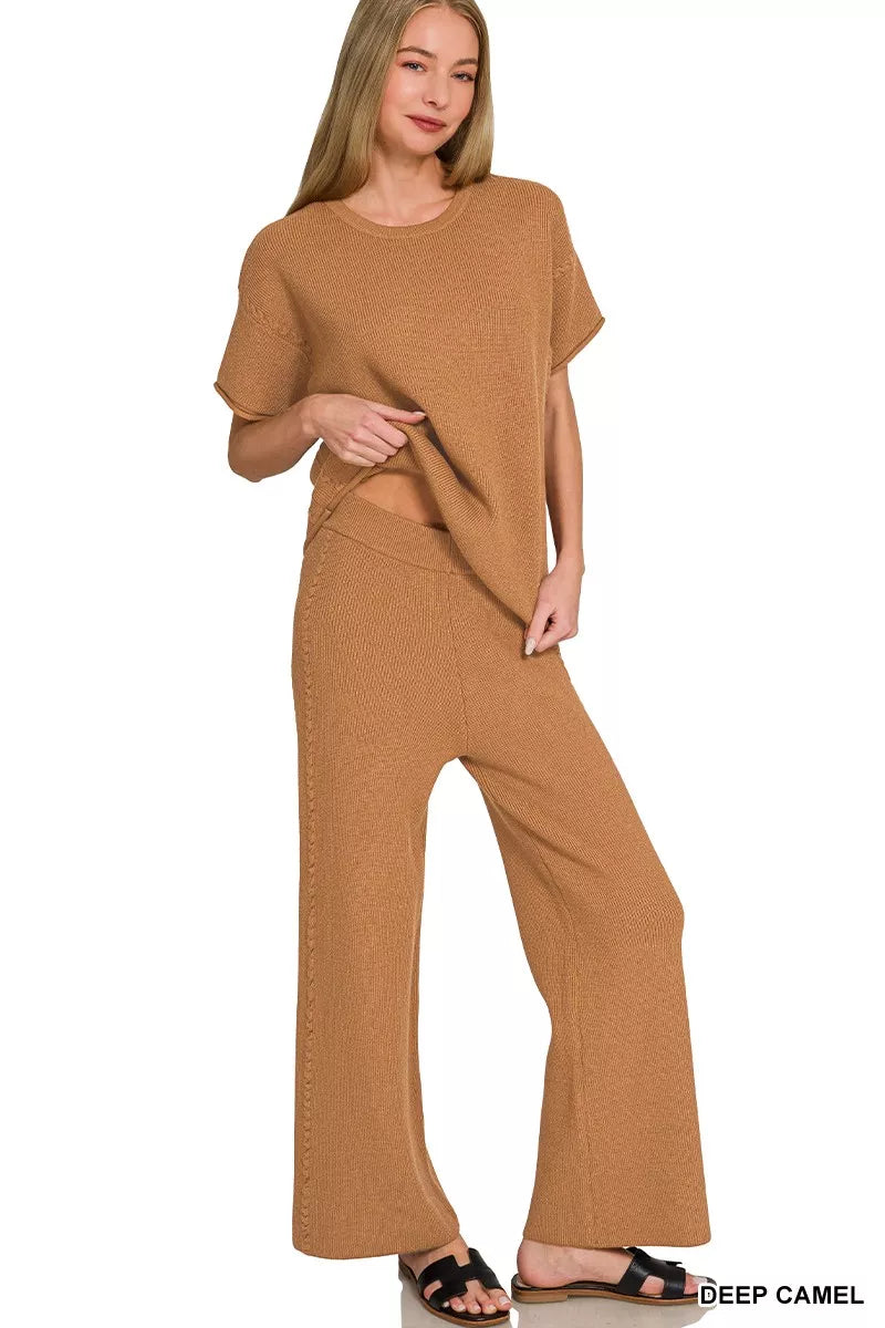 Deep camel Zenana viscose round neck top and pants set with comfortable fit, stylish and casual for everyday wear.
