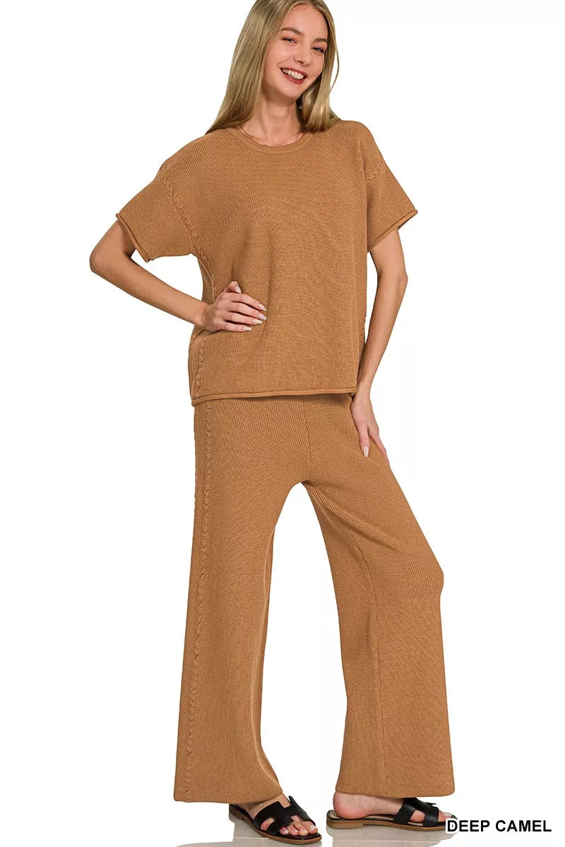 Deep camel Zenana viscose round neck top and pants set by Trendsi, featuring a comfortable, casual clothing ensemble.
