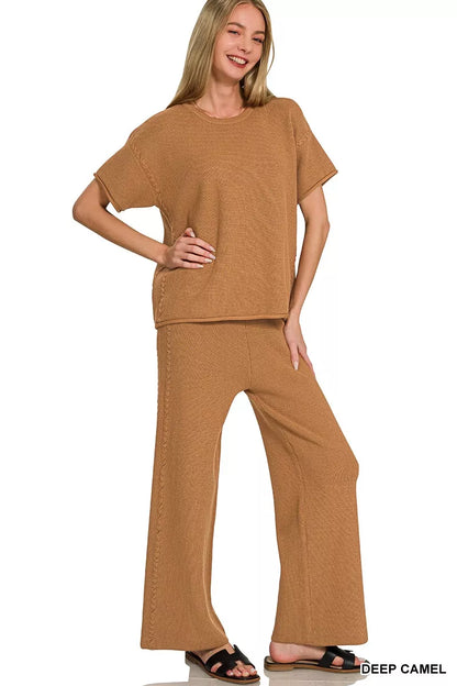 Deep camel Zenana viscose round neck top and pants set by Trendsi, featuring a comfortable, casual clothing ensemble.
