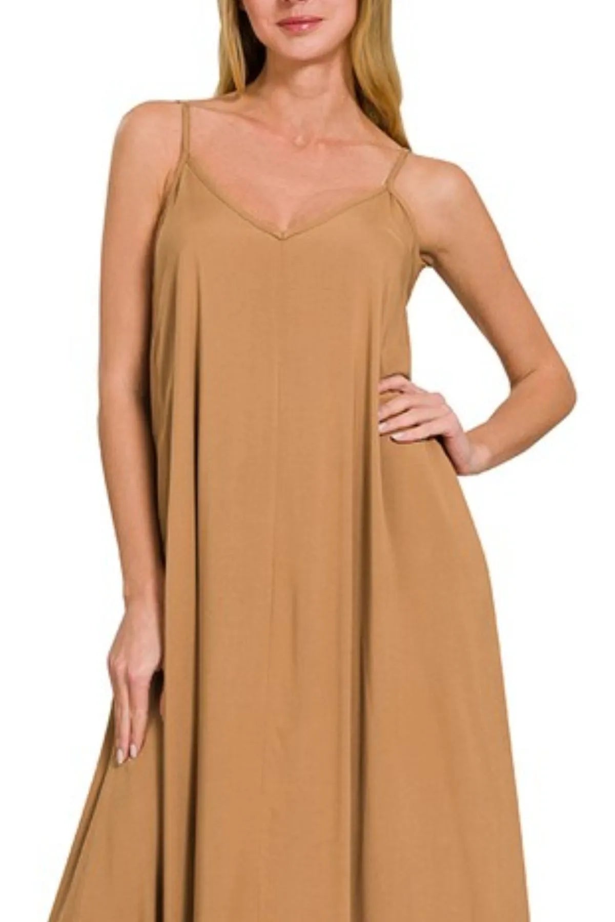 Deep camel Zenana woven arc hem cami dress featuring flowy pockets and a relaxed fit, perfect for casual and summer wear.