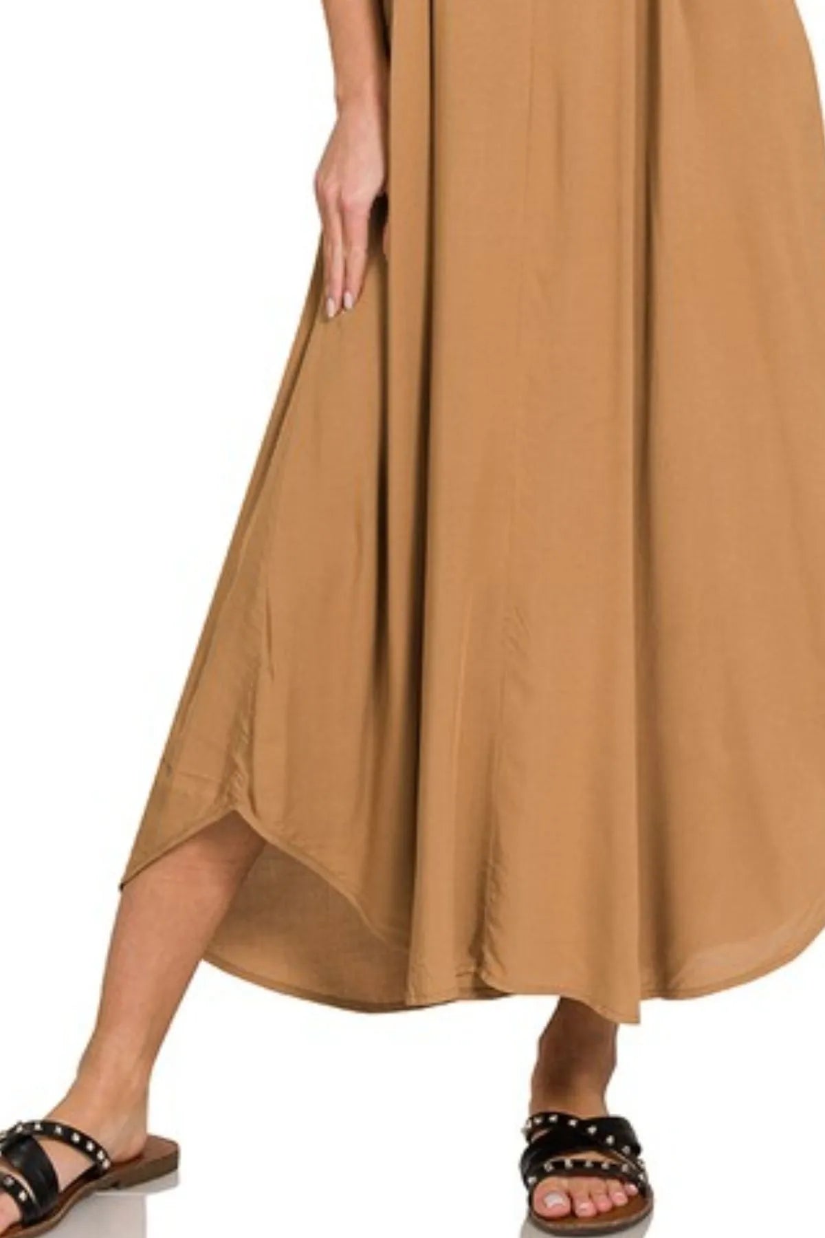 Deep camel Zenana woven cami dress with arc hem, flowy pockets, and sleeveless design, perfect for casual wear.