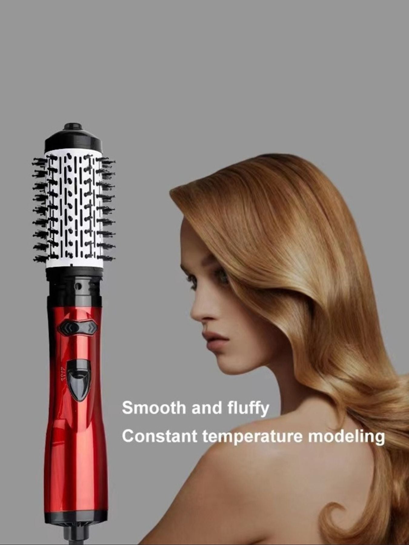 Deep red Trendsi 3-in-1 interchangeable hot air brush with European plug, showcasing multiple styling attachments for versatile hair styling.