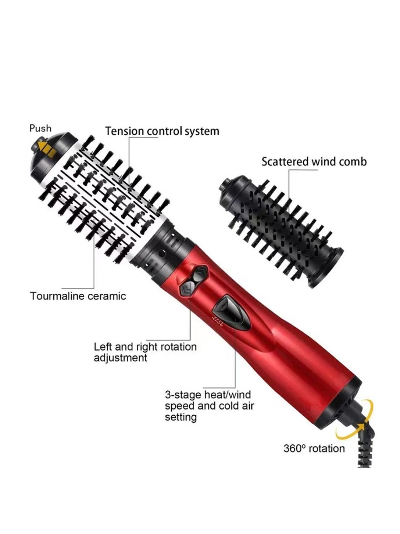 Deep red Trendsi 3-in-1 Interchangeable Hot Air Brush with European plug, versatile hair styling tool for smooth, voluminous hair.