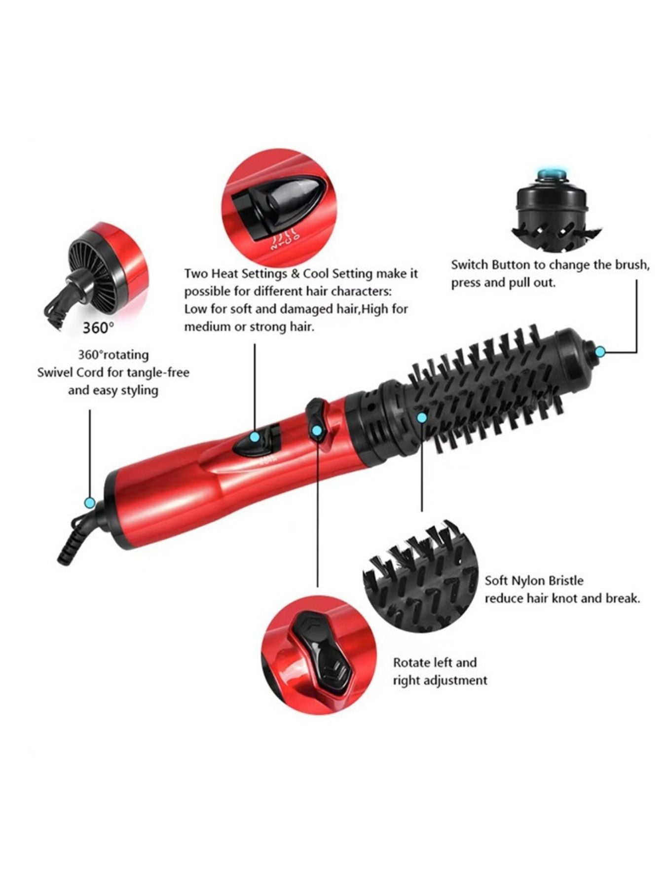 Deep red Trendsi 3-in-1 interchangeable hot air brush with European plug, showcasing its multiple styling attachments.