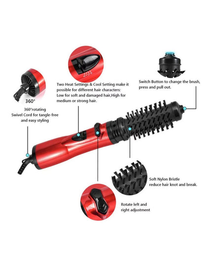 Deep red Trendsi 3-in-1 interchangeable hot air brush with European plug, showcasing its multiple styling attachments.