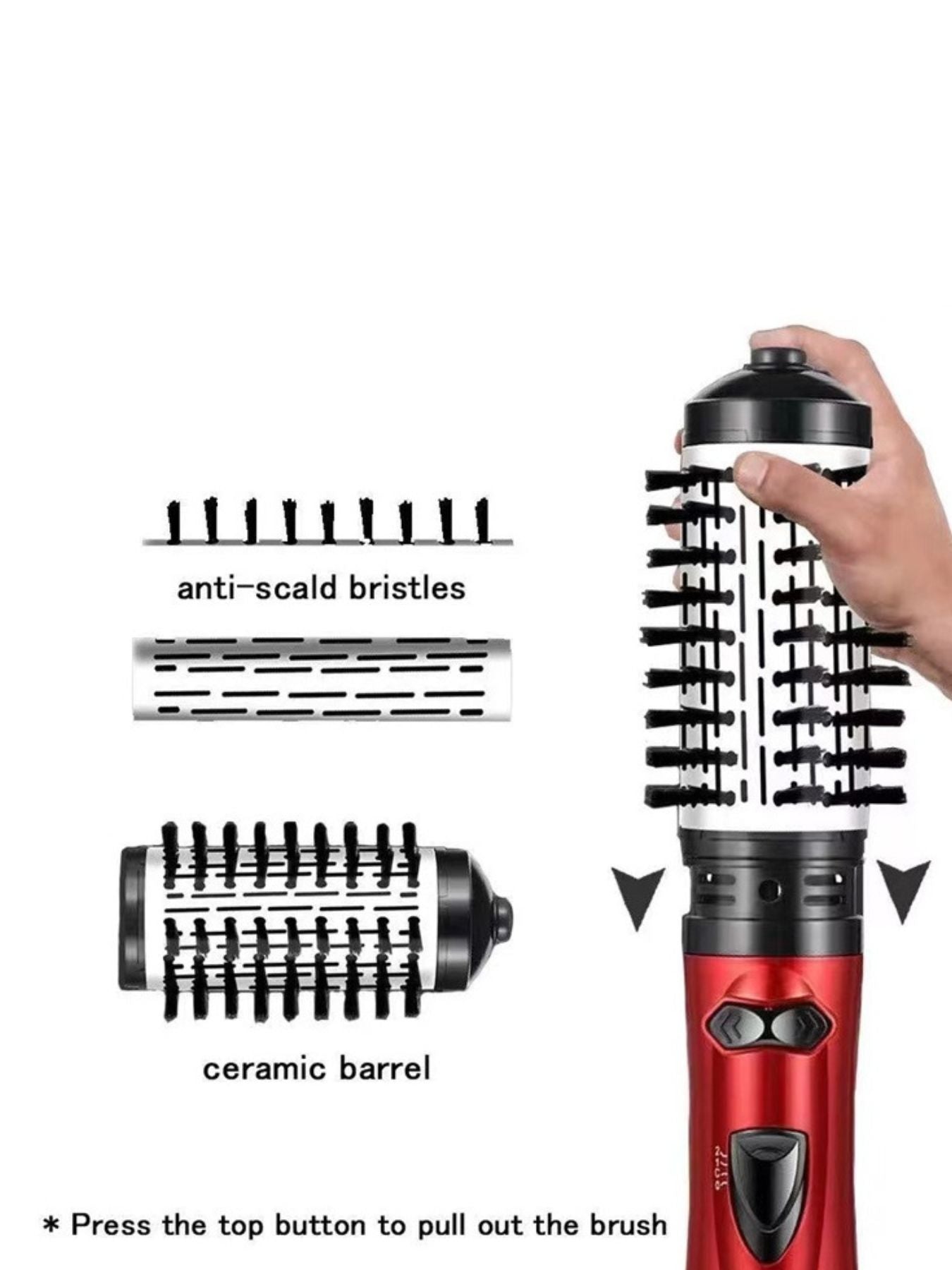 Deep red Trendsi 3-in-1 interchangeable hot air brush with European plug, showing multiple styling attachments for versatile hair styling.