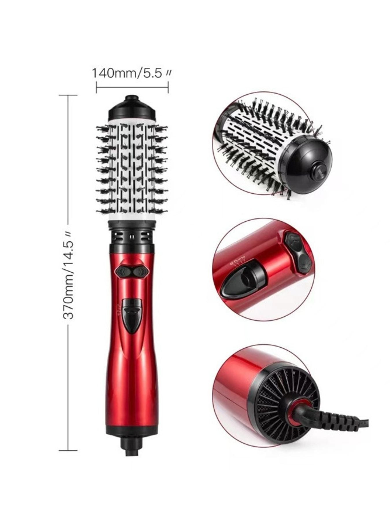 Deep red Trendsi 3-in-1 interchangeable hot air brush with European plug, showcasing multiple styling attachments for versatile hair styling.