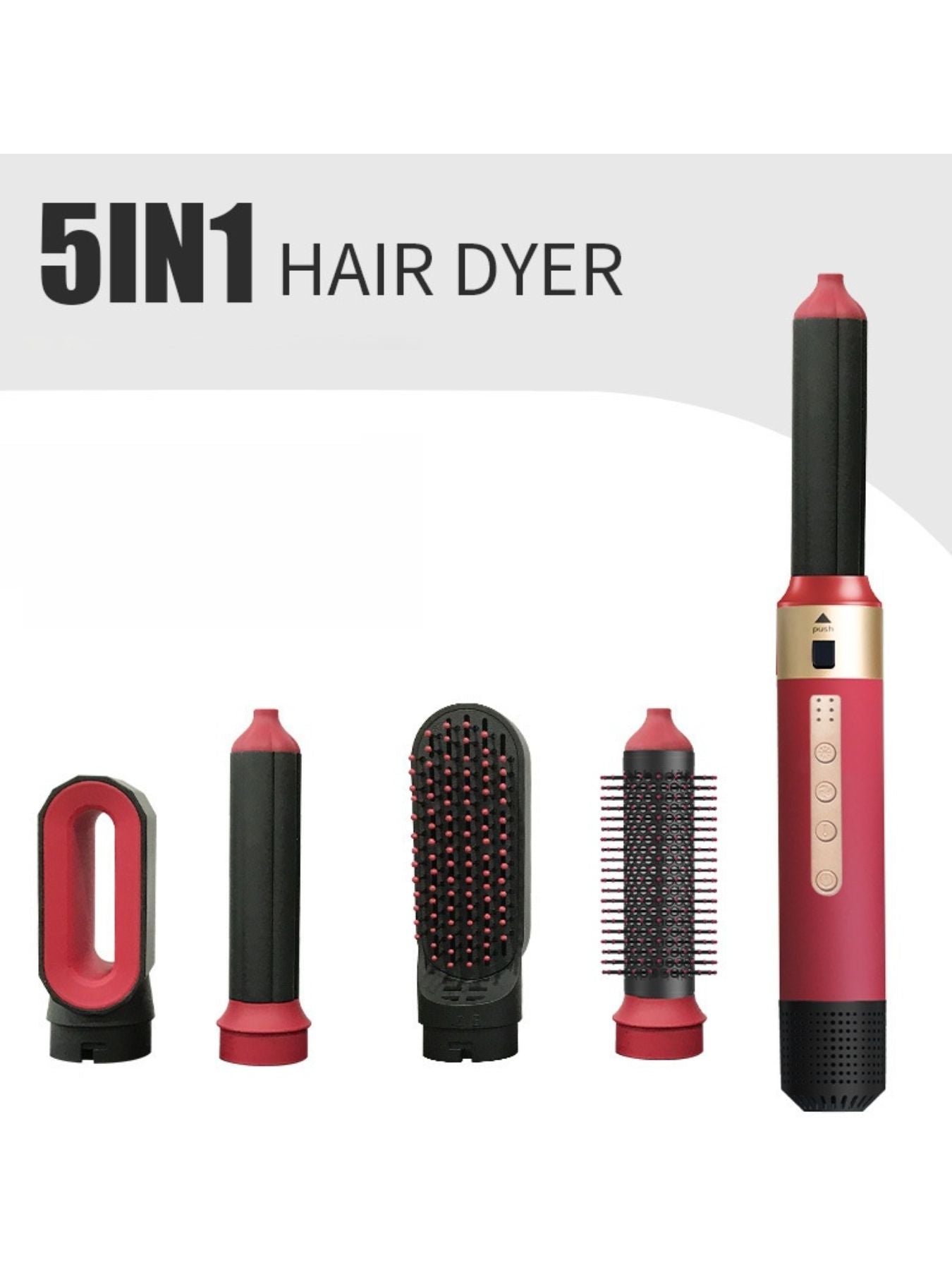 Deep red Trendsi 5-in-1 interchangeable hot air brush with North American plug, showcasing its multiple styling attachments.
