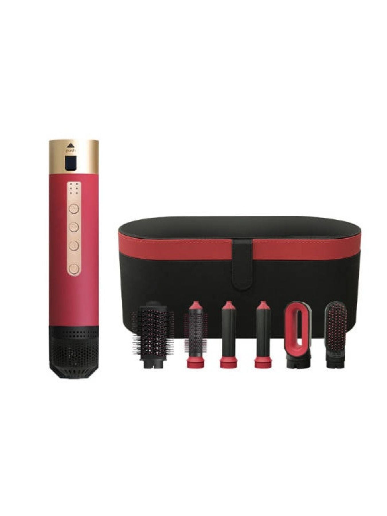 Trendsi 5-in-1 Interchangeable Hot Air Brush with deep red design and North American plug, versatile styling tool for hair.